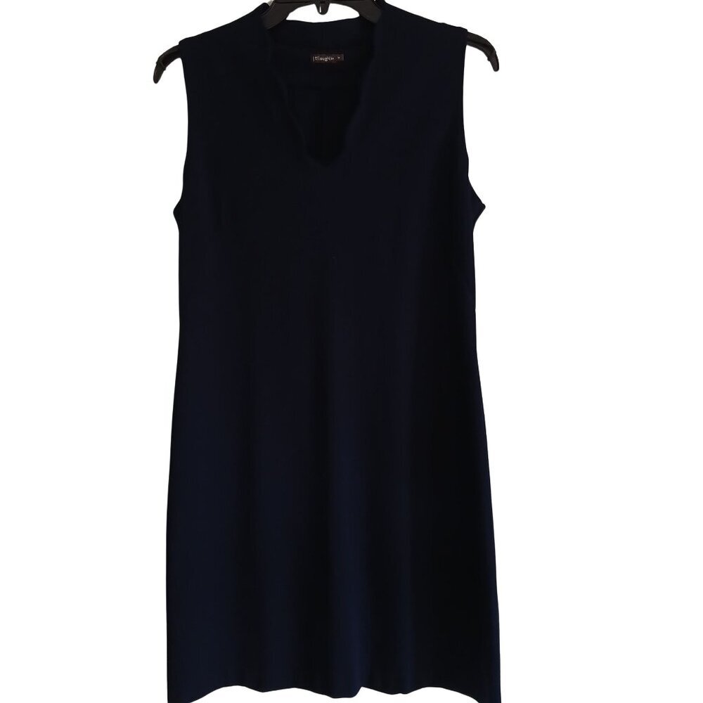 J McLaughlin Navy Knit Jersey Scallop Neck Classic Midi Sheath Shift Dress M